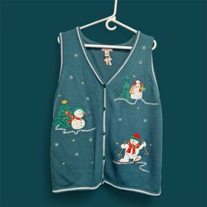 White Stag Vest XXL 18/20 Forest Green Snowman Christmas Button-Up Vtg Festive